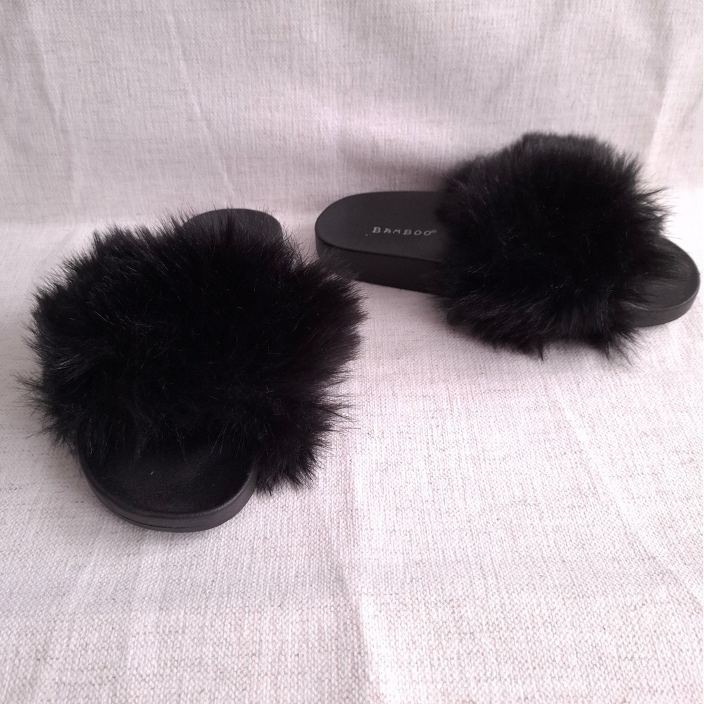 Y2K Faux Fur Black Slides Baddie Casual Fuzzy Plush Cozy Slip On Soft Goth Sz 7
